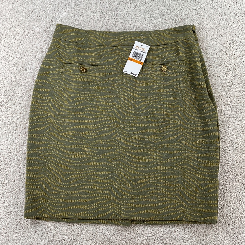 Michael Michael Kors Army Green Gold Zebra Jacquard Pencil Skirt Small NWT